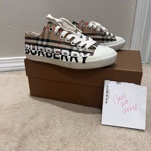 Burberry Tan and White Plaid Sneakers